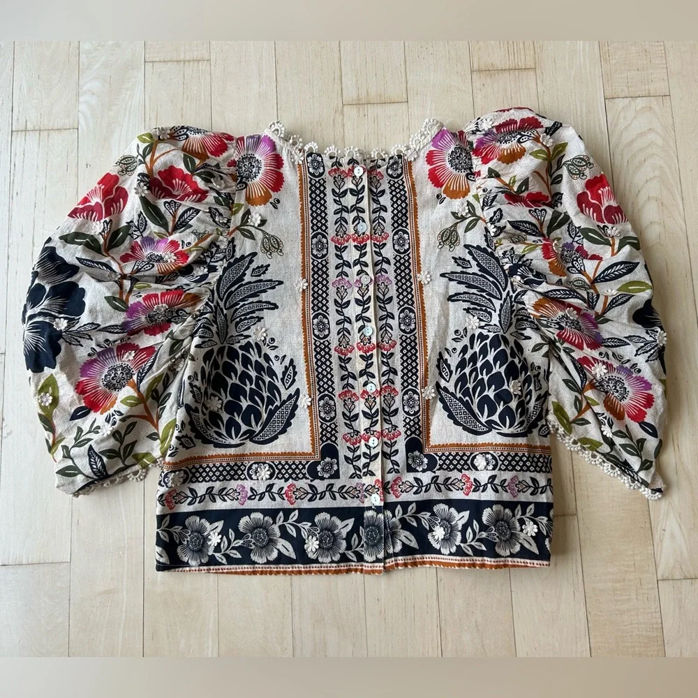 FARM Rio Romantic Garden Blouse 100% Cotton Tan w/Tropical Floral Print Sz Small - Picture 5 of 14